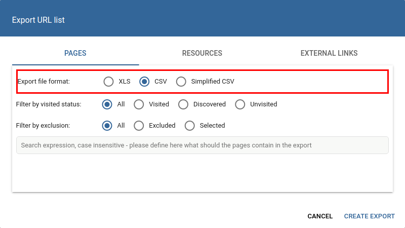 Screenshot of the three export options