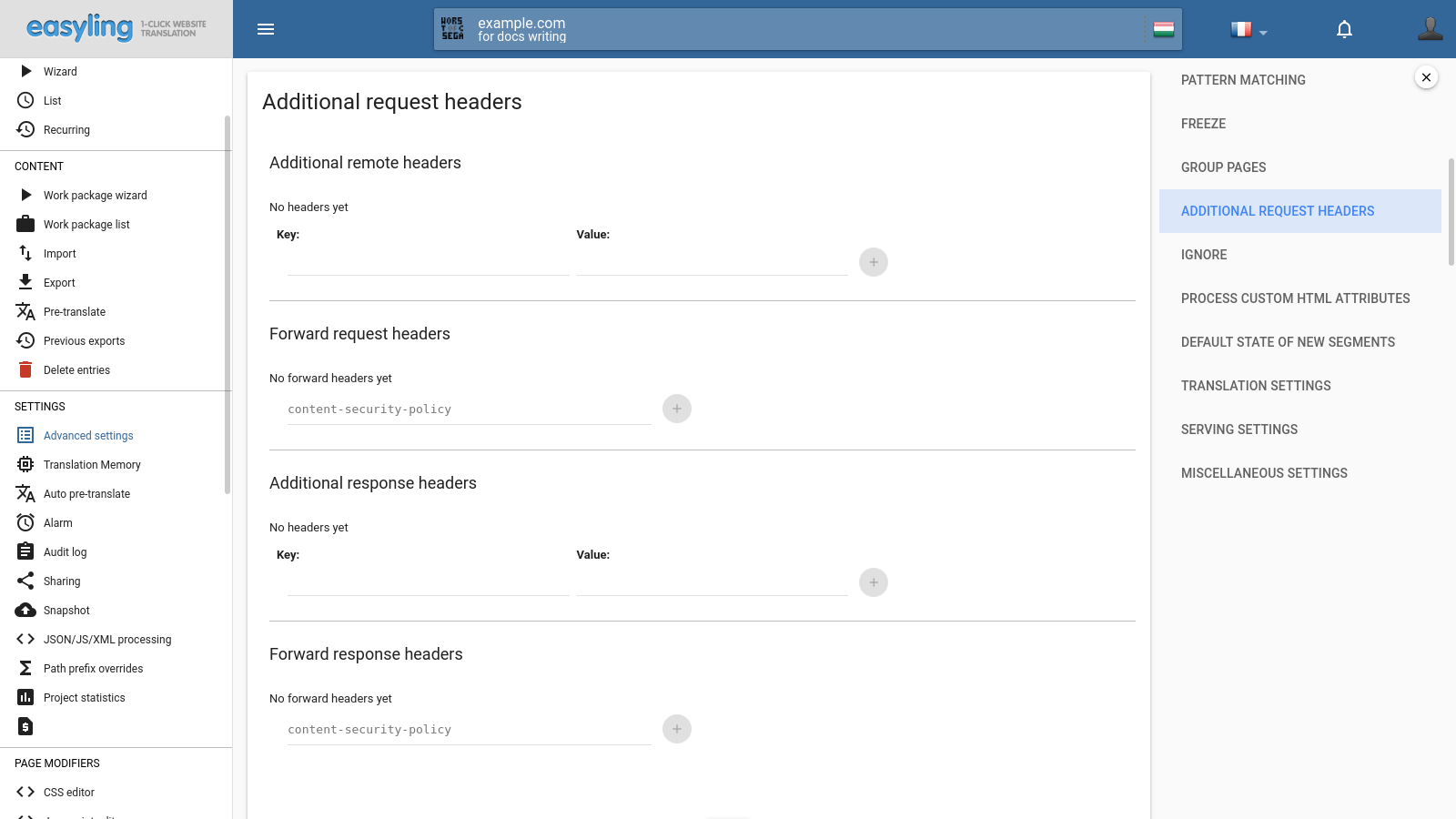 The Additional request headers section of Advanced settings
