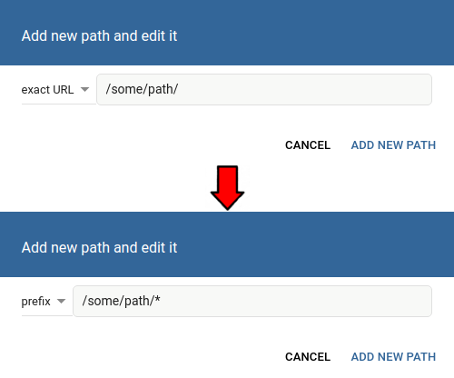 Two screenshots of the Path prefix override dialog, before and after the automatic change