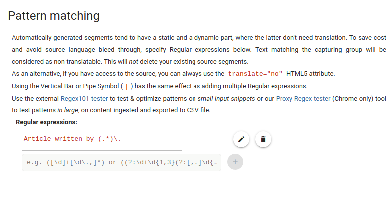 Screenshot of the Pattern matching dialog with the above mentioned regular expression