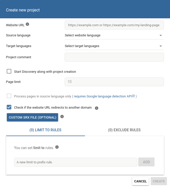 Screenshot of the redesigned Create project dialog