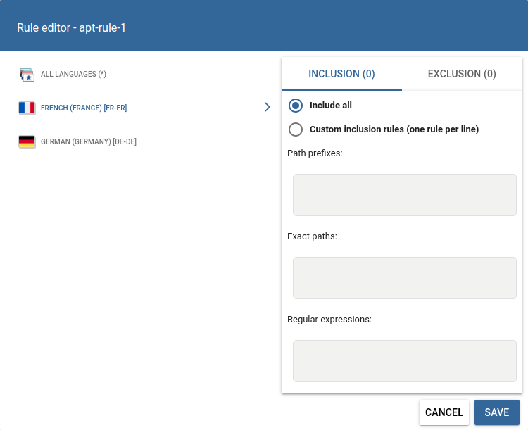 Screenshot of the per-language partitioning options of the auto pre-translate dialog