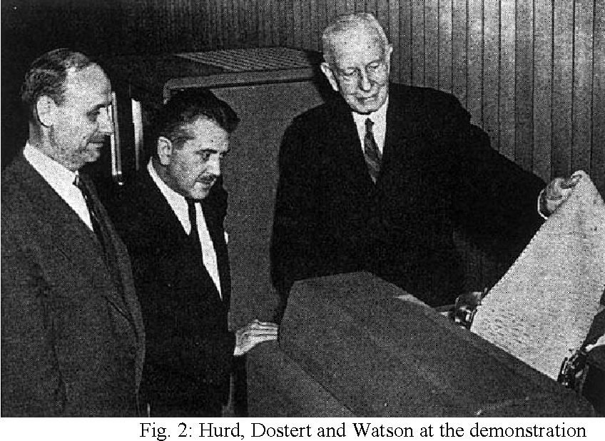 Picture of Hurd, Dosert and Watson at the first public demonstration of machine translation
