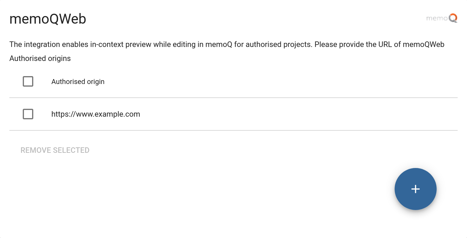 Écran de configuration de l'intégration MemoQWeb