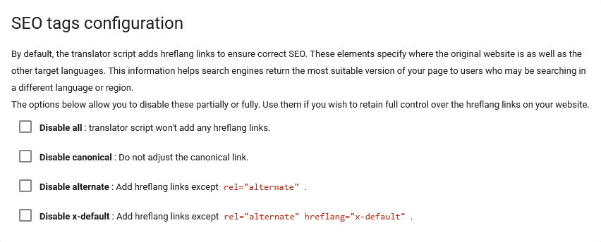 Screenshot of the SEO tags section