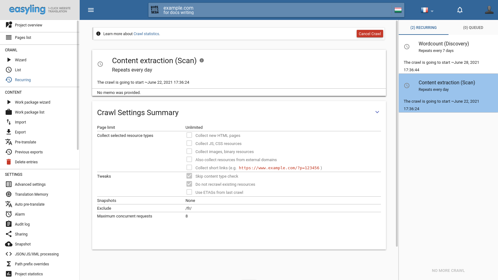 Exemple de configuration d'analyse récurrente