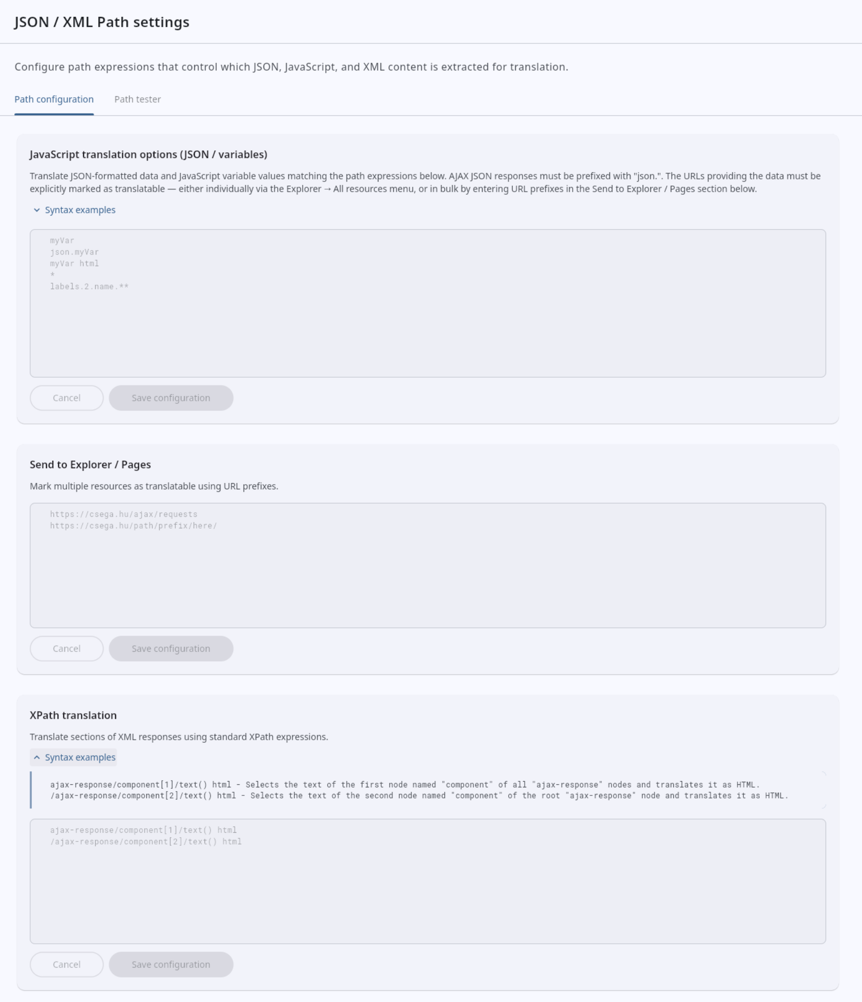 Screenshot of the JSON/XML Path settings