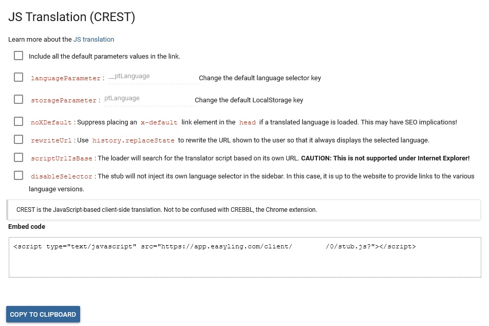Boîte de dialogue Paramètres CREST