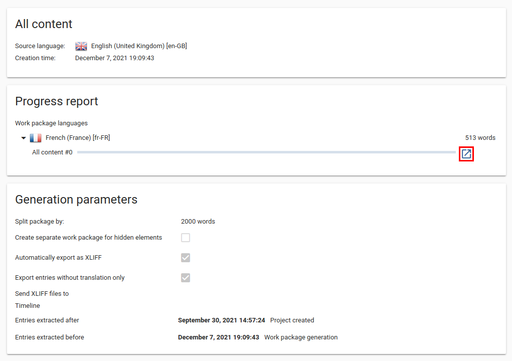 Liste des workpackages avec le lien Workbench en surbrillance