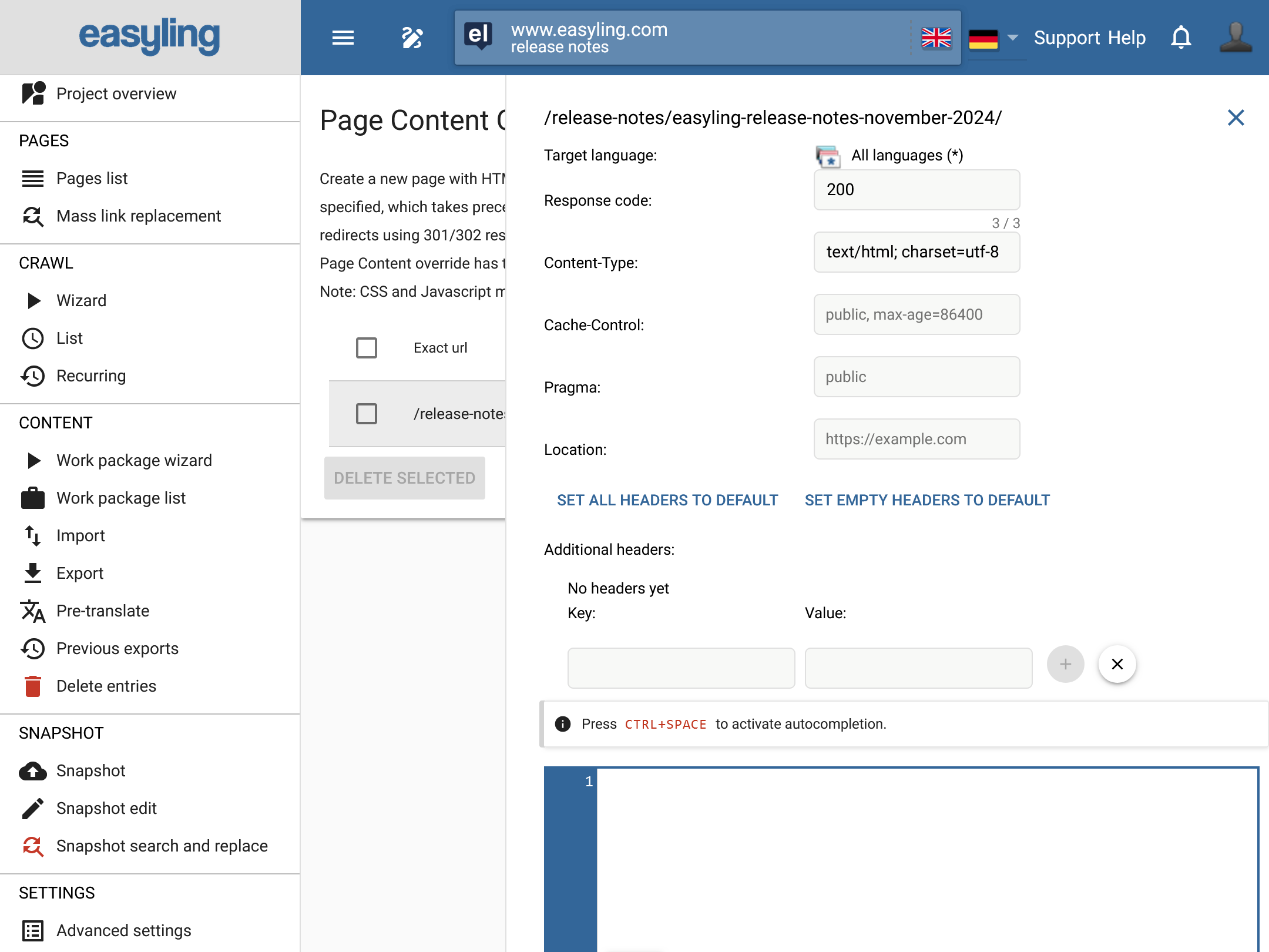 Capture d'écran de l'écran Remplacement du contenu de la page, montrant l'interface pour ajouter des en-têtes personnalisés
