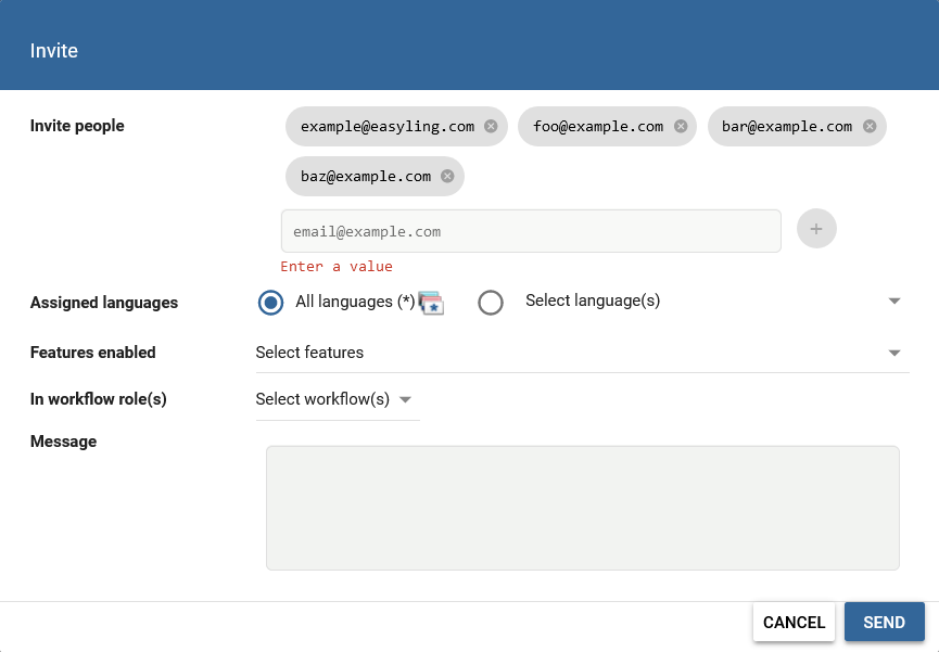 Capture d’écran de la section Inviter avec le champ de saisie de courrier électronique mis à jour