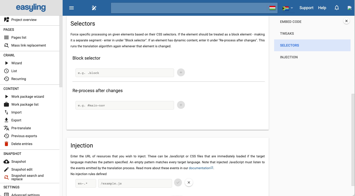 Capture d’écran de la publication JavaScript montrant les sections Sélecteurs et Injection