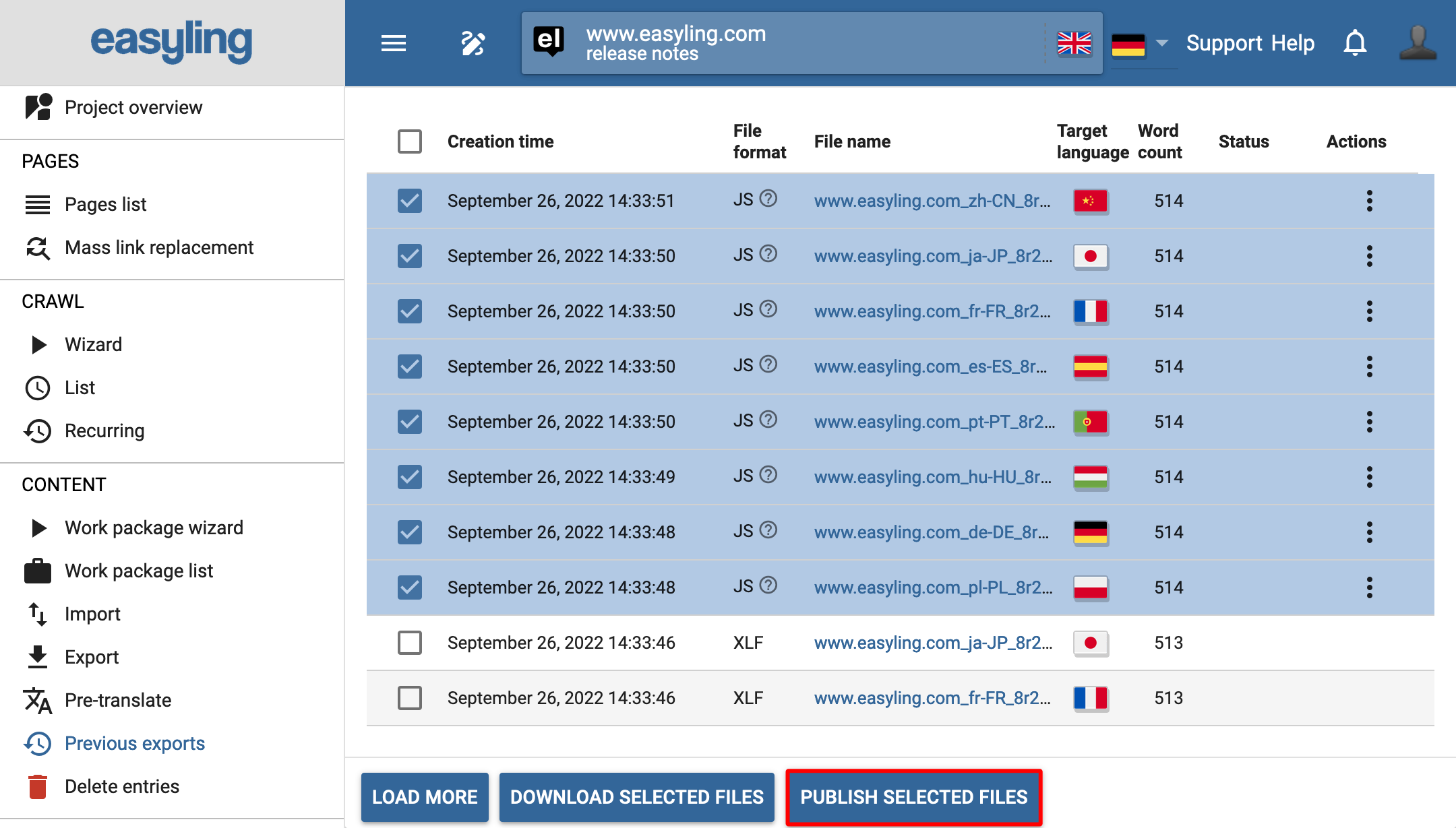 Capture d’écran des exportations précédentes avec le bouton Publier tout en surbrillance